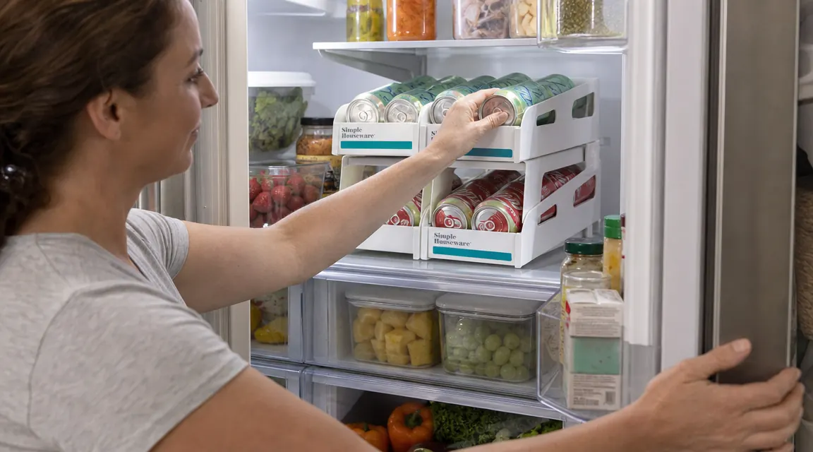 Two stacked can dispenser units in a refrigerator holding soda cans and sparkling water cans in organized rows