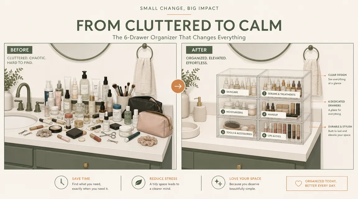 Before and after comparison showing a cluttered vanity counter next to the same counter with an acrylic organizer system