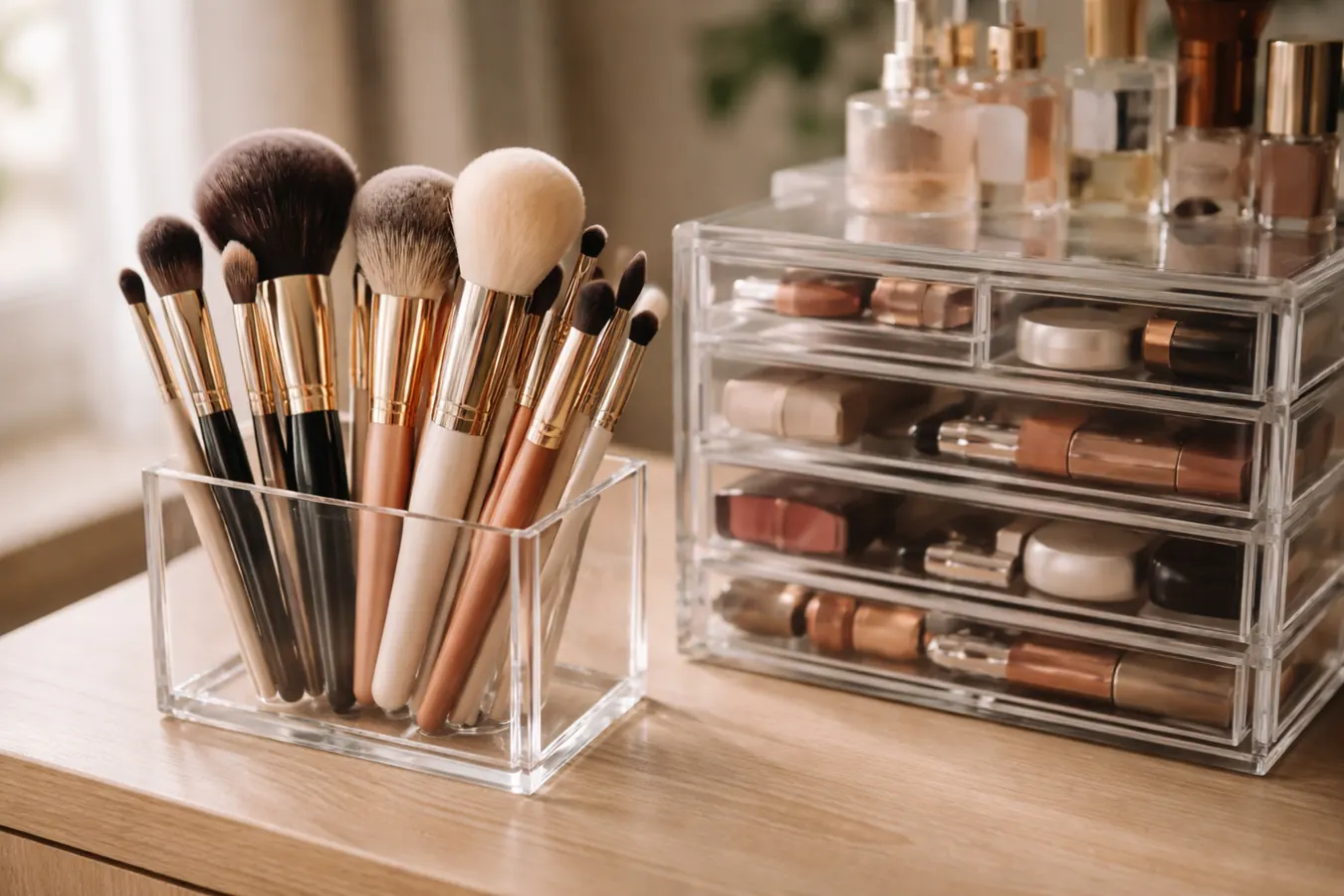 Makeup brushes stored upright in a clear acrylic cup holder next to an acrylic drawer set on a vanity