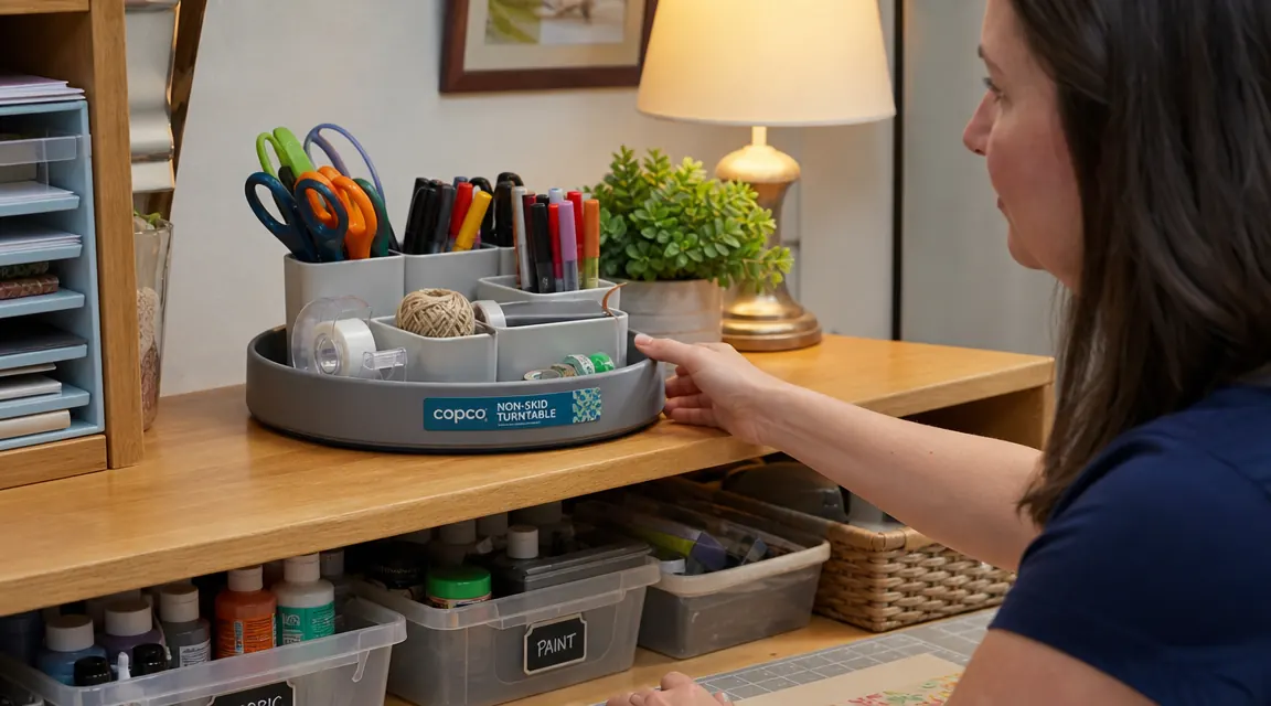 Copco lazy susan holding craft supplies in small containers on a desk shelf