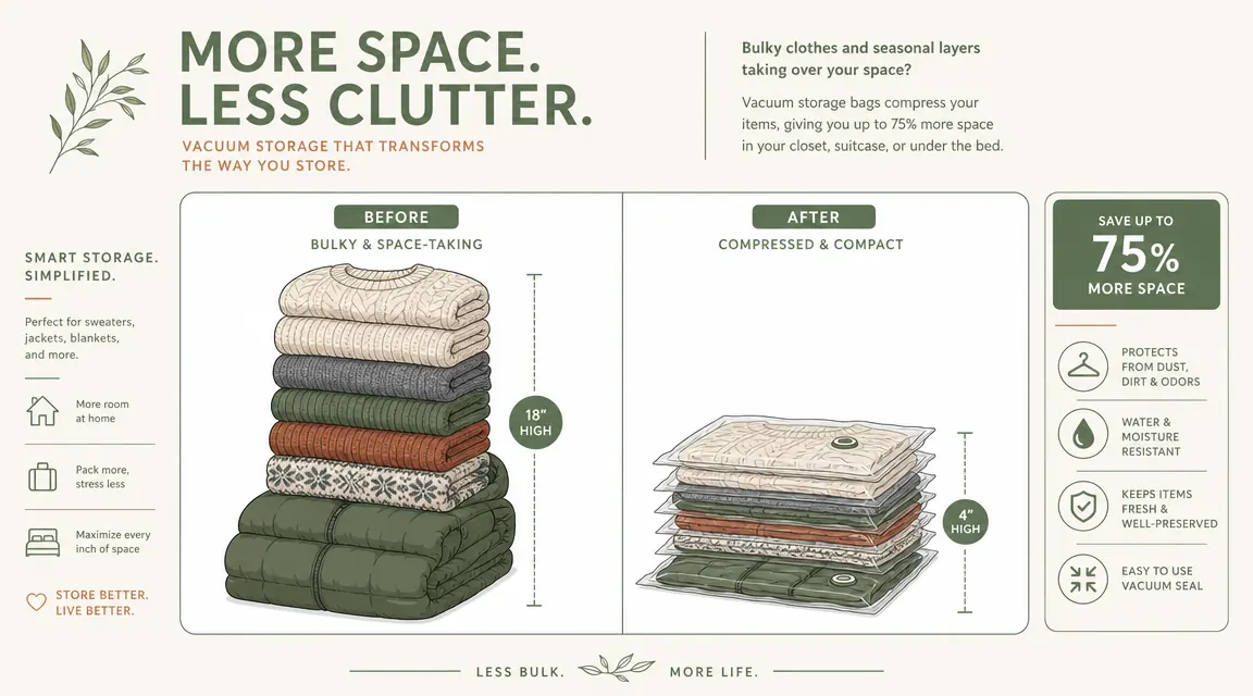 Before and after comparison showing a bulky pile of seasonal clothes next to the same items compressed flat in vacuum bags