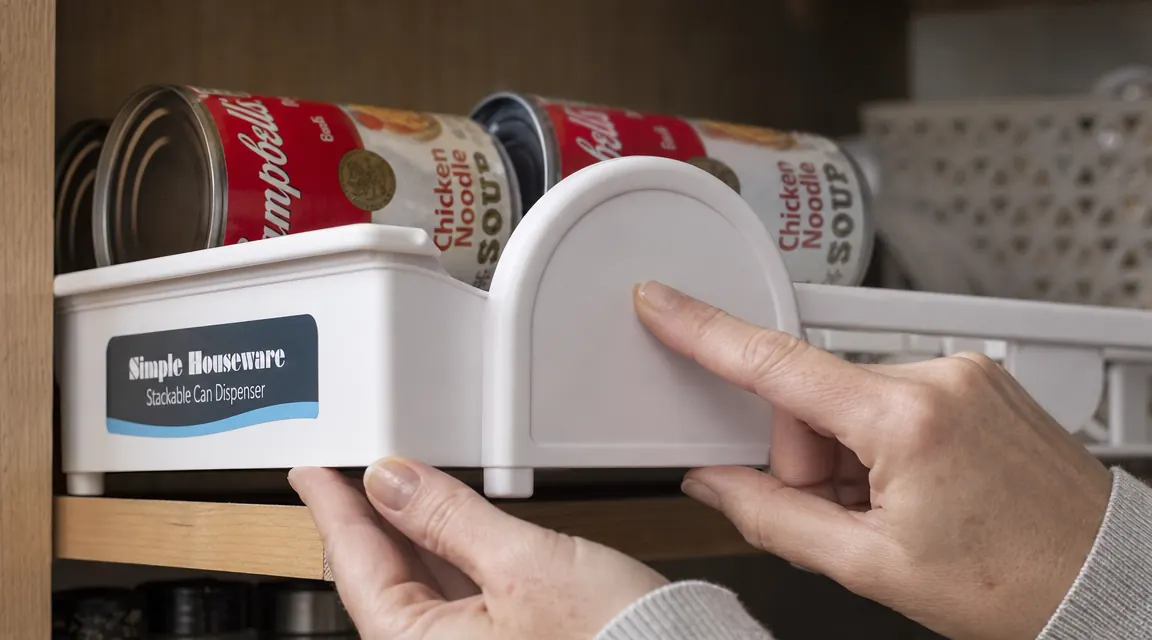 Close-up of the plastic end cap on a white wire can dispenser rack showing slight flex when pressed by a finger with a full load of cans behind it