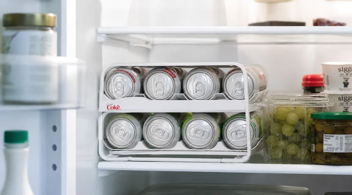 Can dispenser organizer sitting on a refrigerator shelf with soda cans loaded, viewed from the front with fridge door open