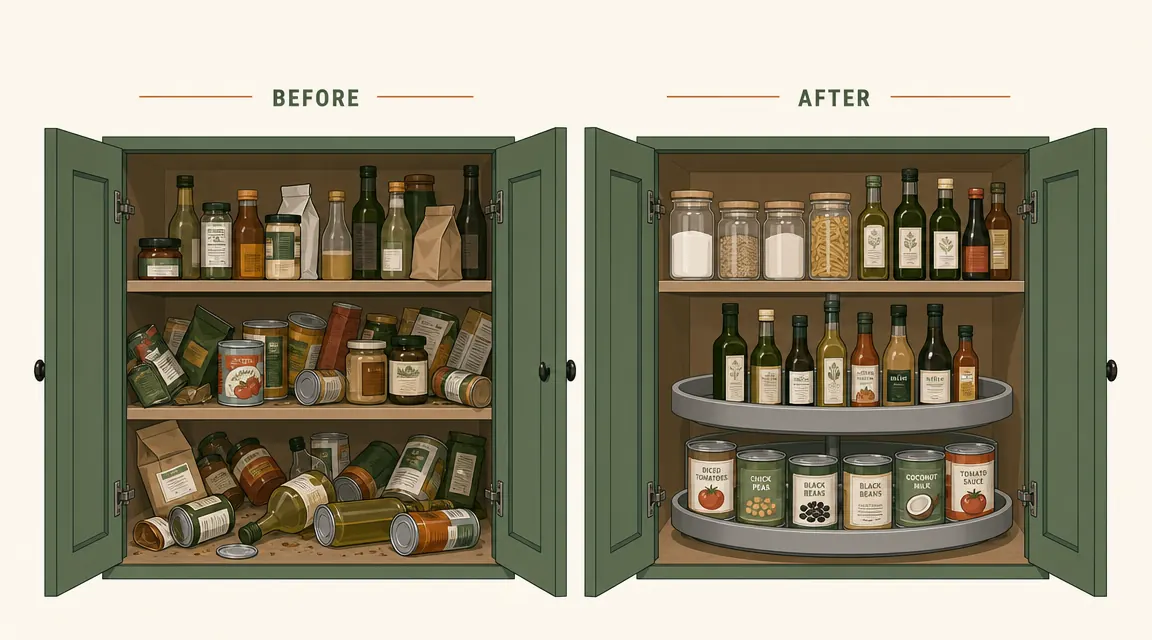 Before-and-after split showing a cluttered dark corner cabinet on the left and the same cabinet organized with a turntable on the right