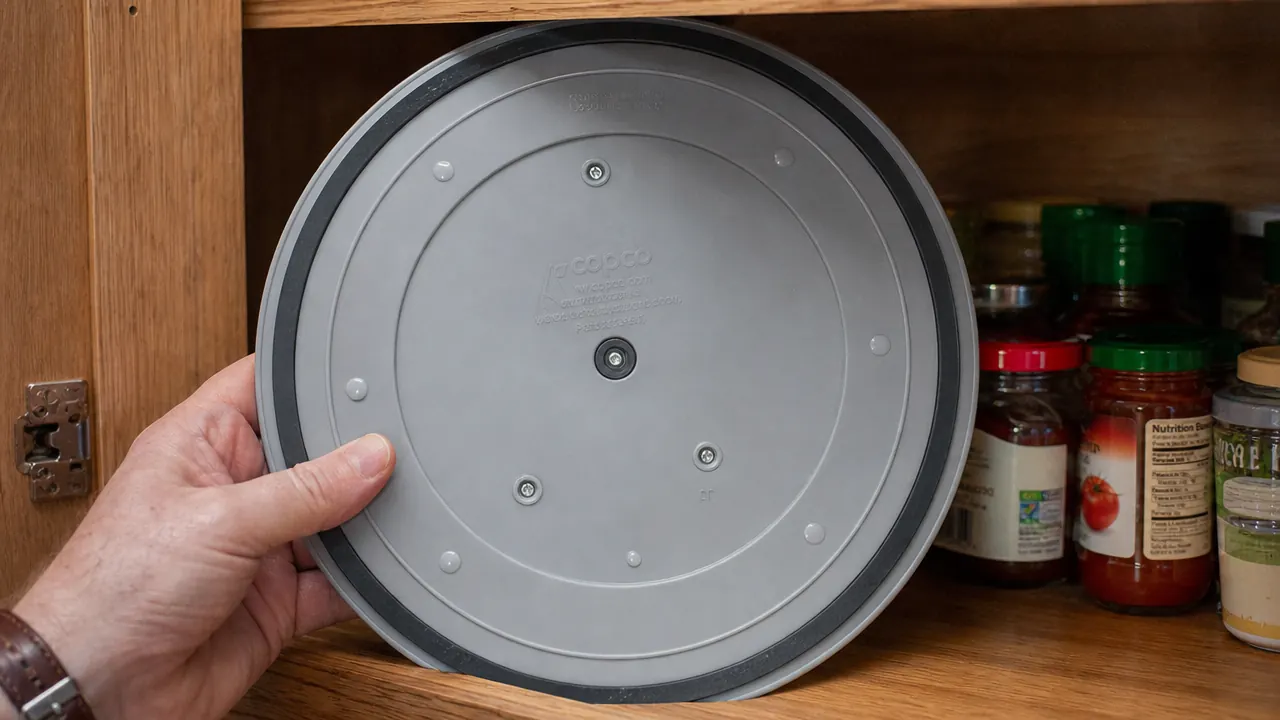 Underside of a lazy susan turntable showing the non-skid rubber grip base on a wooden shelf