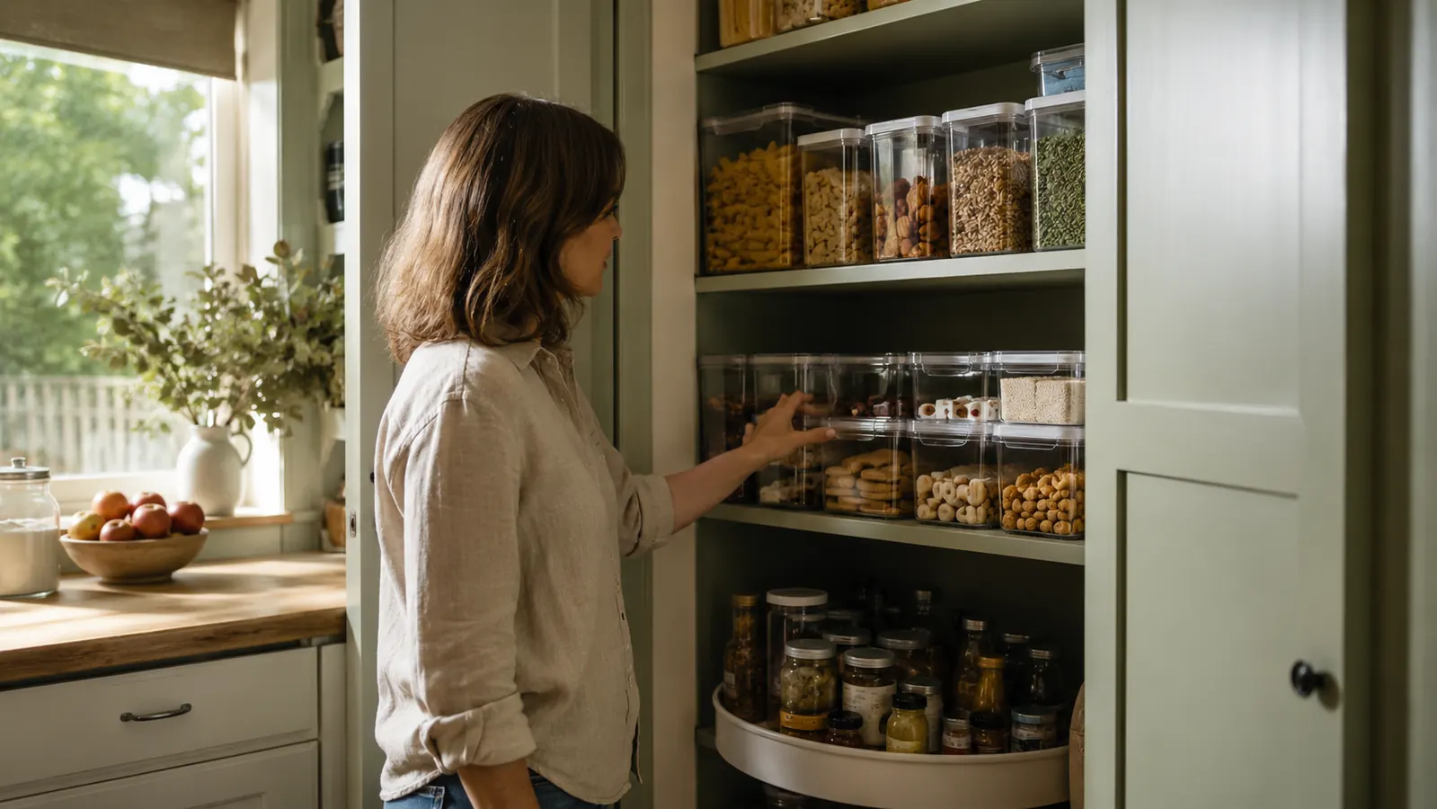 A warm, lived-in apartment with an organized open closet, a tidy pantry shelf, and a small entryway with shoes neatly tucked away