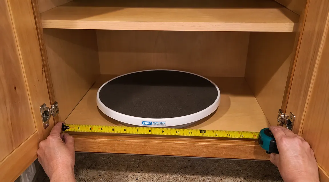 Measuring tape extended across the inside floor of an empty corner cabinet to check diameter clearance