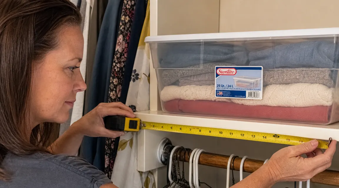 Person measuring a closet shelf with a tape measure before placing clear bins