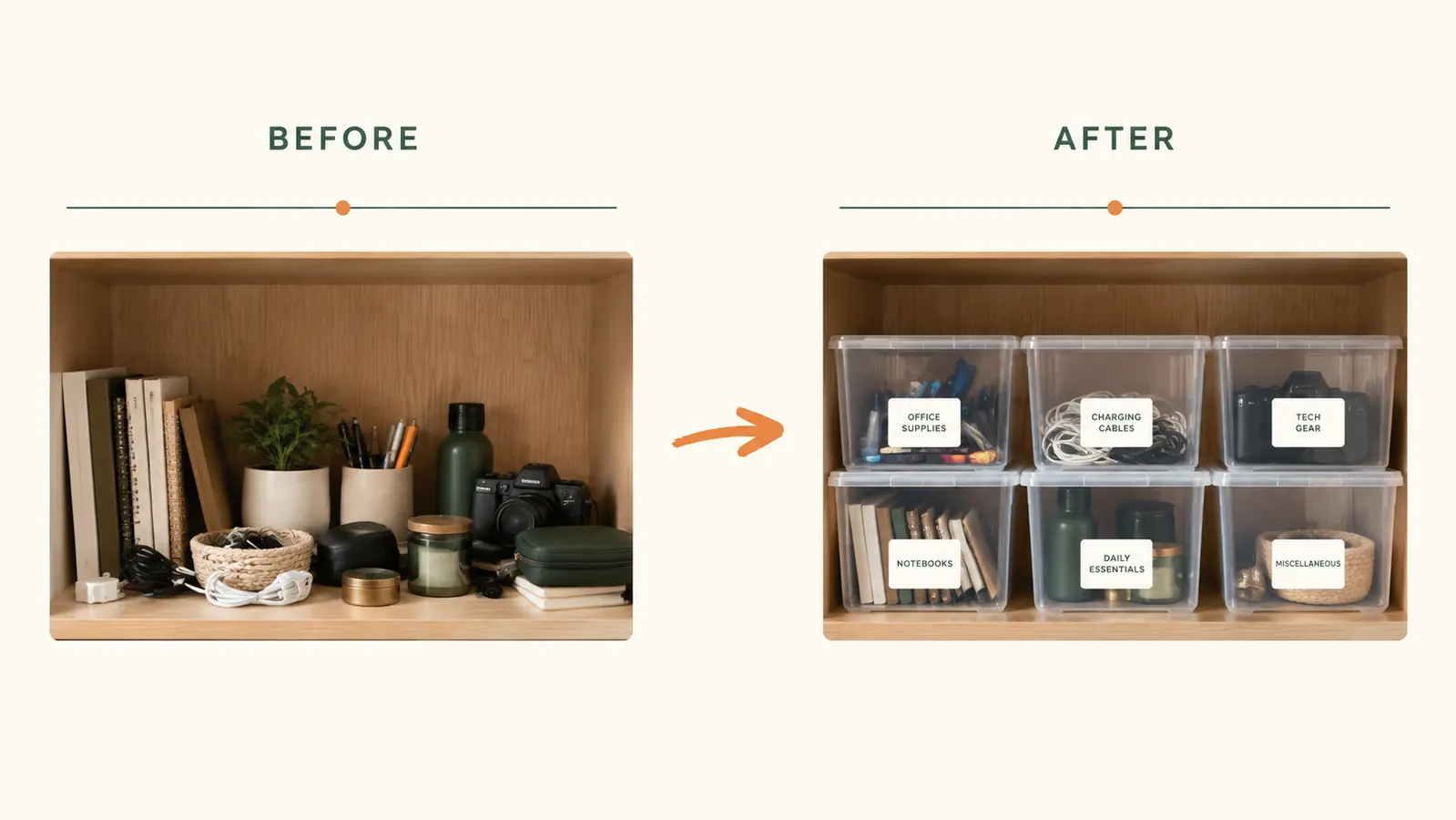 Before and after side-by-side of a cluttered closet shelf versus the same shelf neatly organized with clear stackable bins