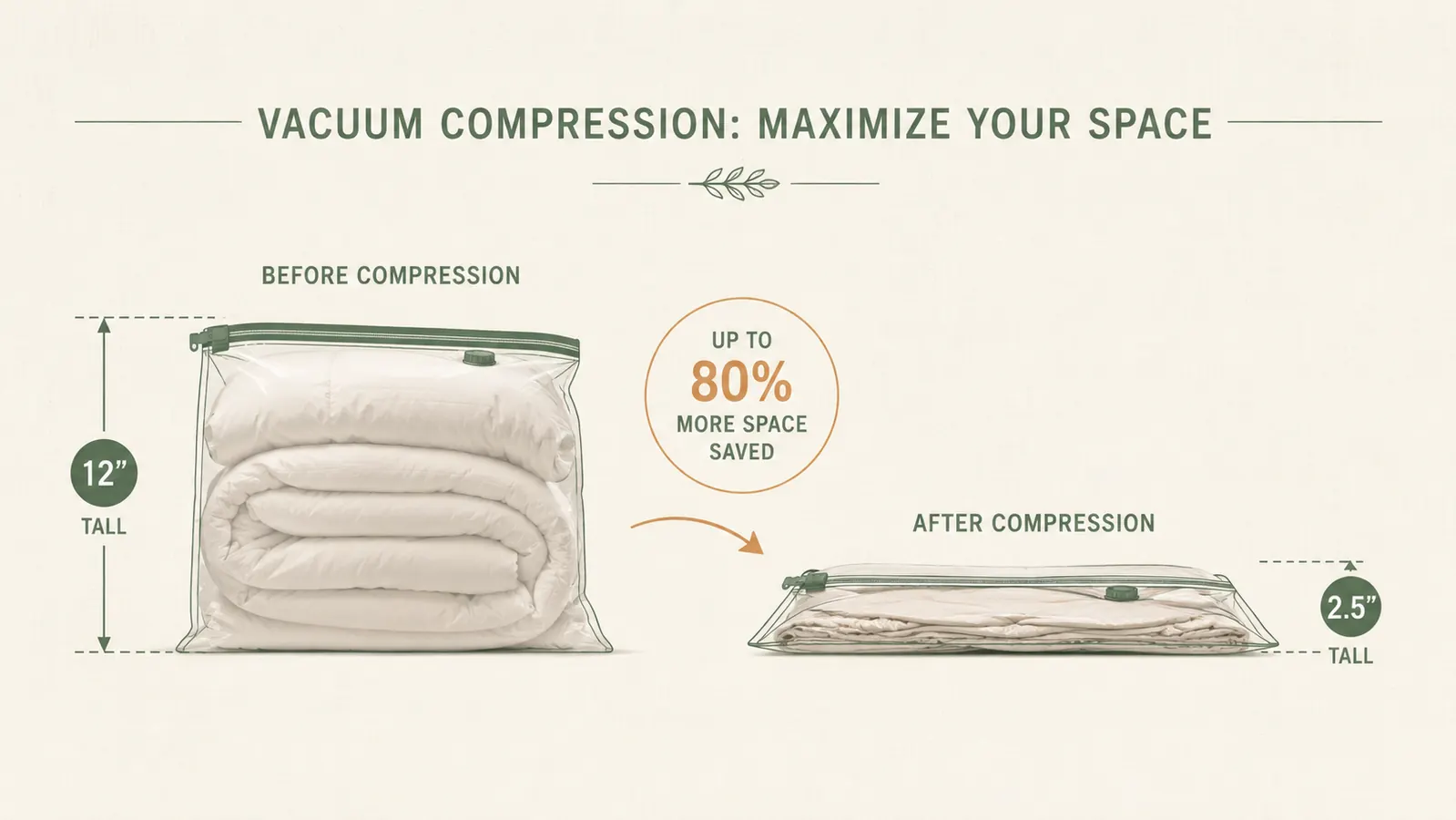 Compressed vacuum storage bag laid flat next to a ruler showing the bag is under 3 inches thick after sealing