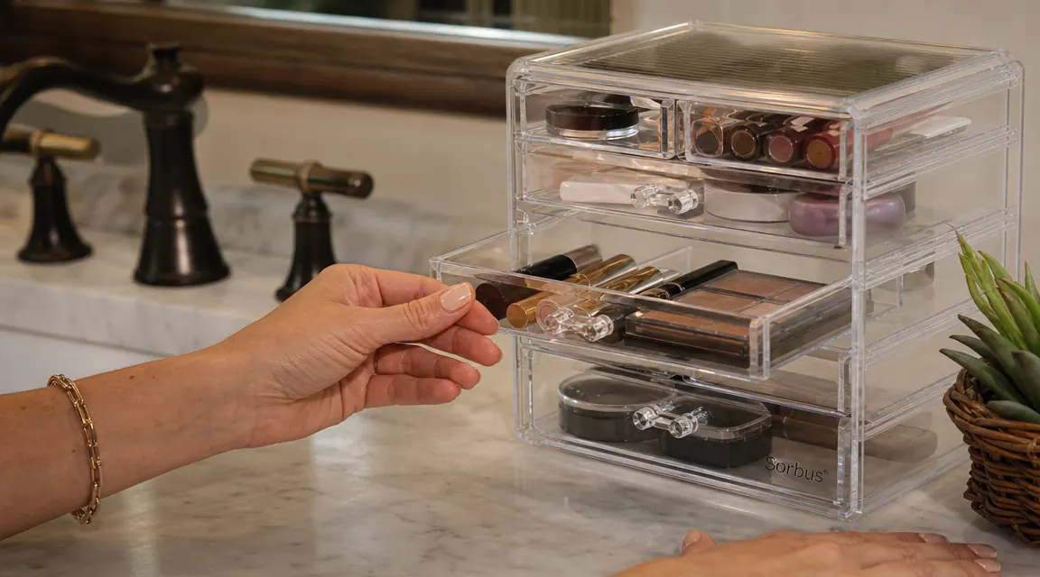 Close-up of the Sorbus 6-drawer acrylic organizer with lipstick tubes, eyeshadow palettes, and skincare products organized inside