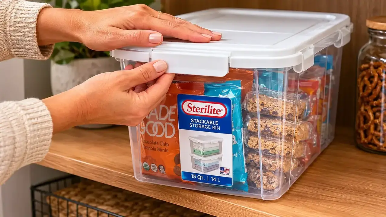 Hand pressing down the snap lid on a Sterilite 6-quart clear bin filled with crackers on a pantry shelf