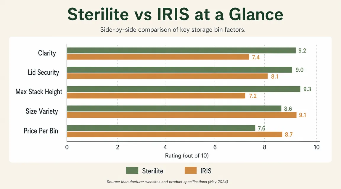 Bar chart comparing Sterilite and IRIS bins across five categories: clarity, lid security, stack height, size range, and price per bin