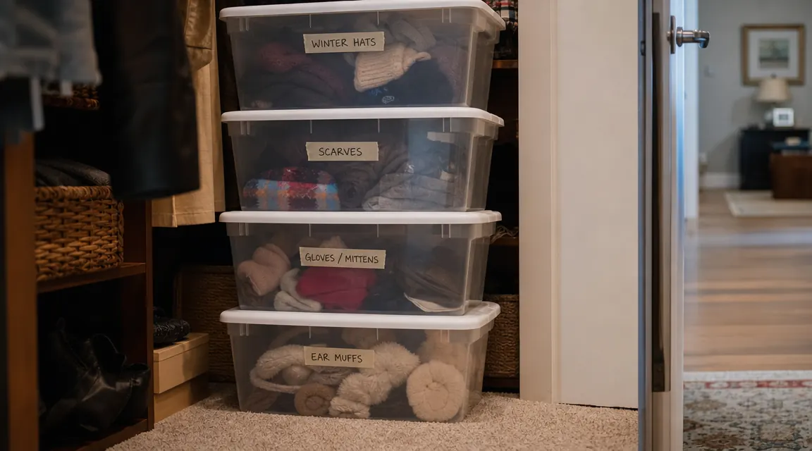 Four clear storage bins stacked in a closet corner with labeled contents visible through the sides